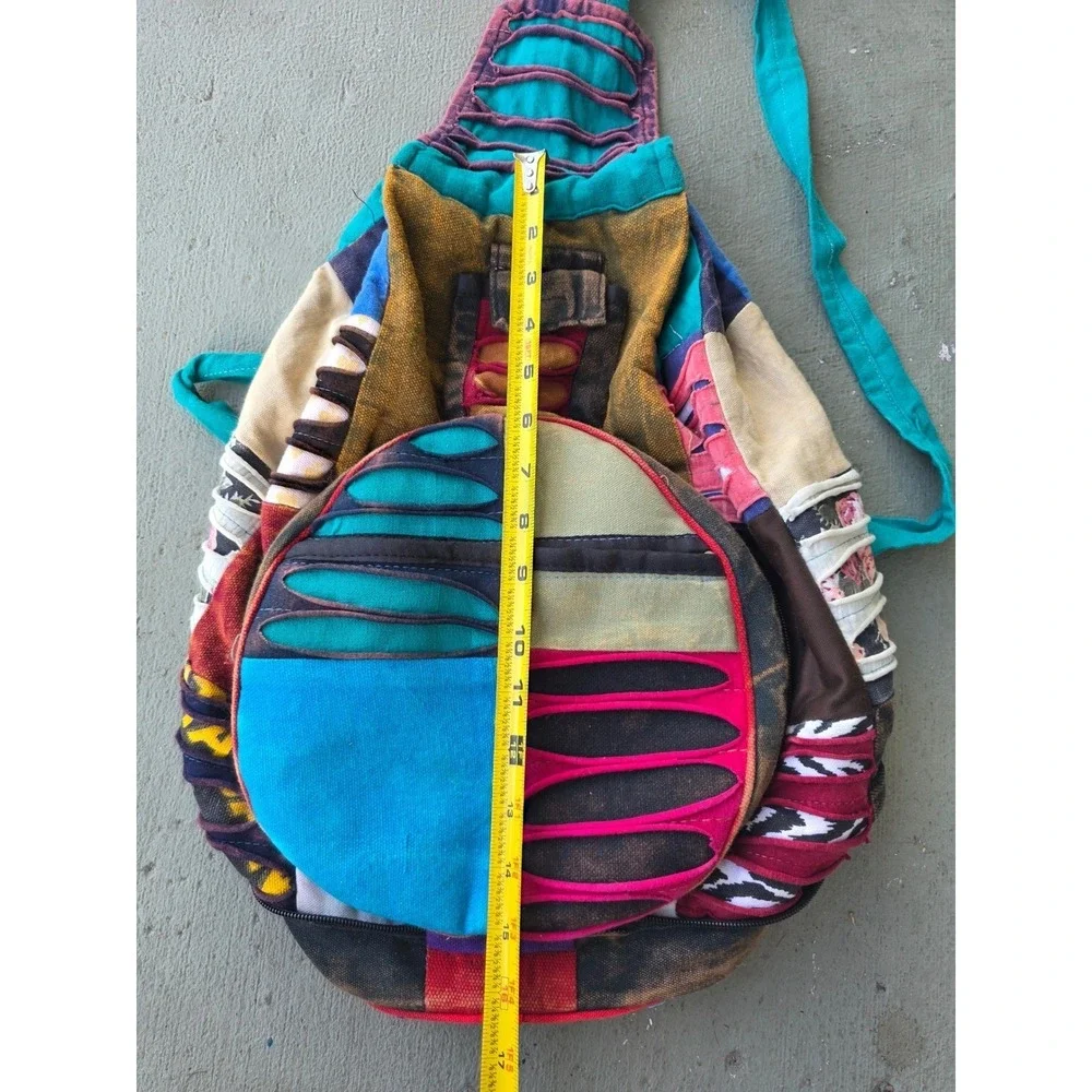 Boho‎ Patchwork Razor Cut Sling Backpack Multi Color Cotton Hippie Festival E2